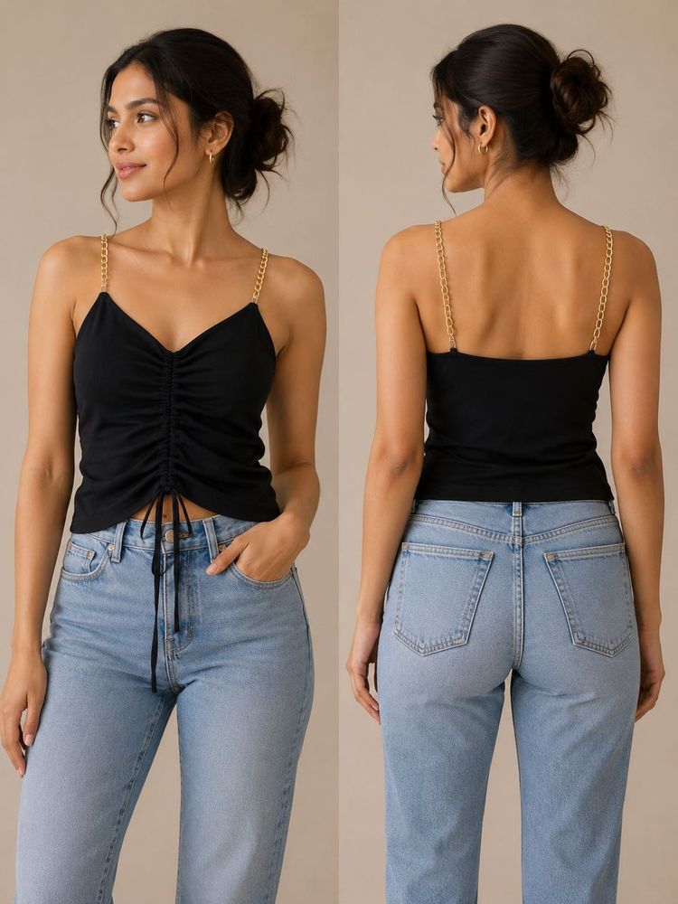 Black Ruched Chain Strap Tank Top