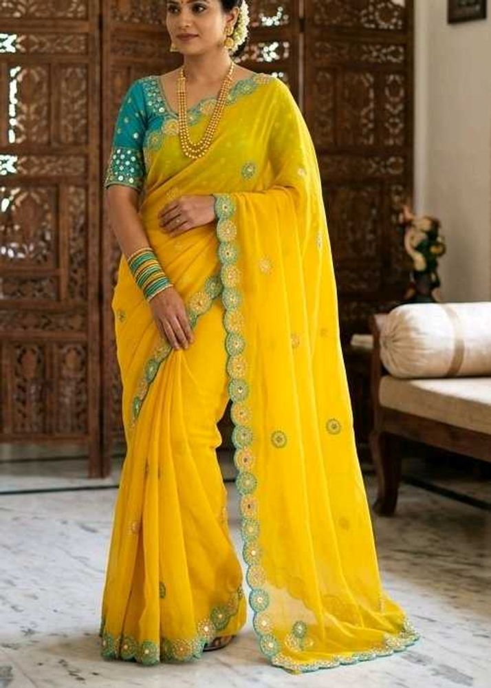 Yellow Embroidered Chiffon Saree with blouse