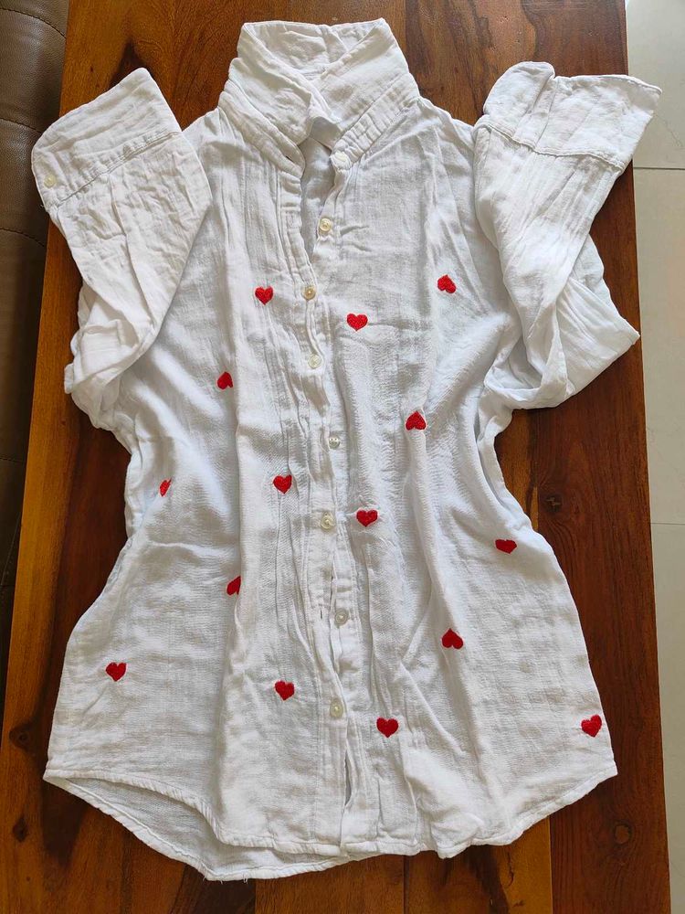 Women white shirt with red heart embroidery