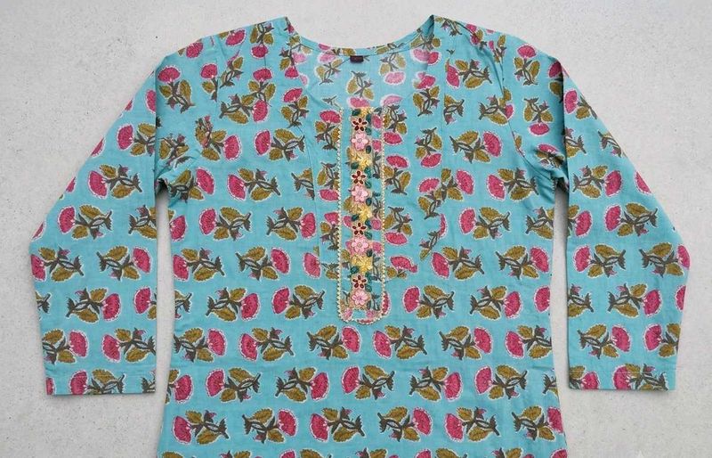 Light Blue Floral Print  short Kurti