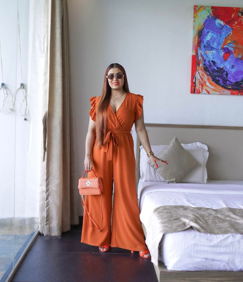 burnt Orange Wrap-Front Jumpsuit