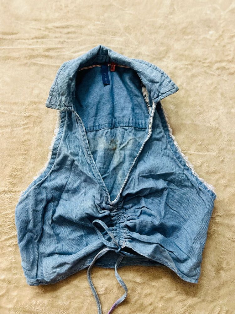 Denim Ruched Halter Top