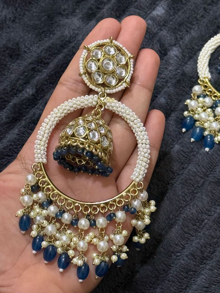 Exquisite Jhumka Earrings with Pearl and Blue Bead