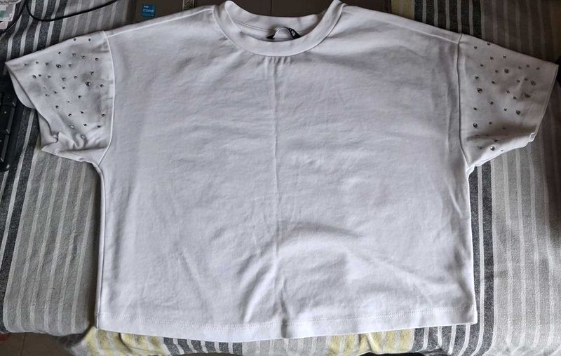 White Embellished Sleeve T-Shirt