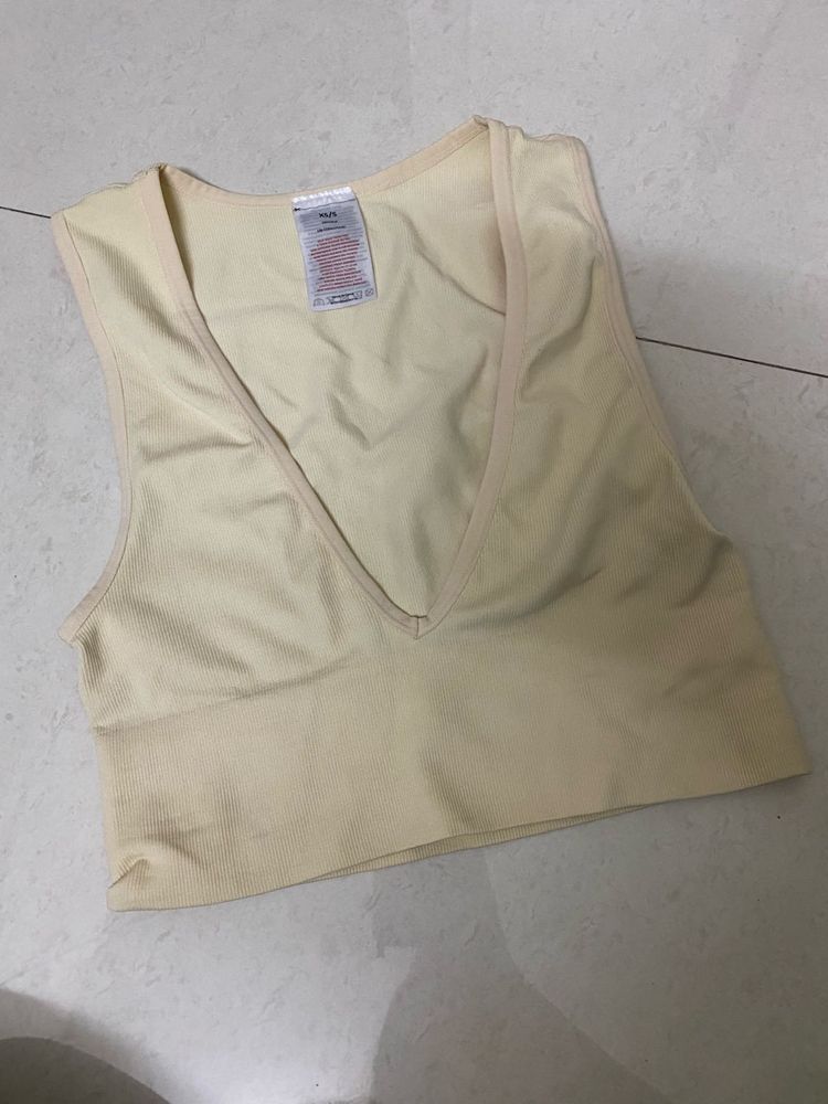 Cream Ribbed V-Neck Crop Top