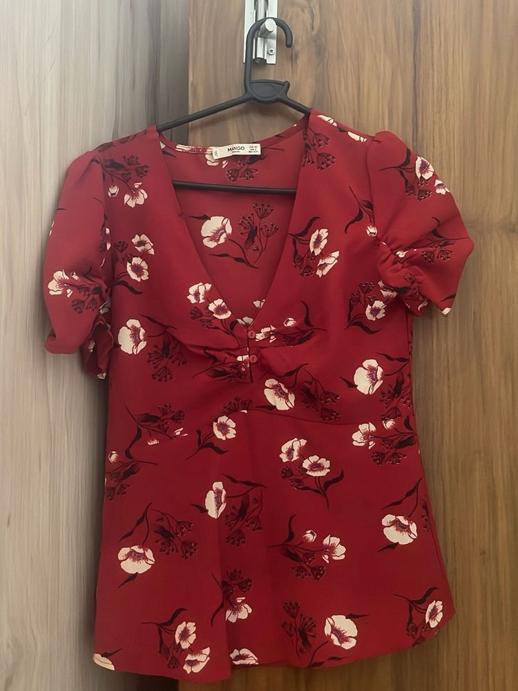 Mango Red Floral Print V-Neck Top