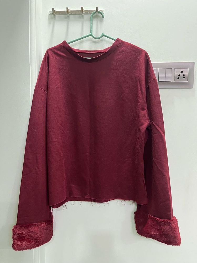 Maroon Faux Fur Trim Long Sleeve Top