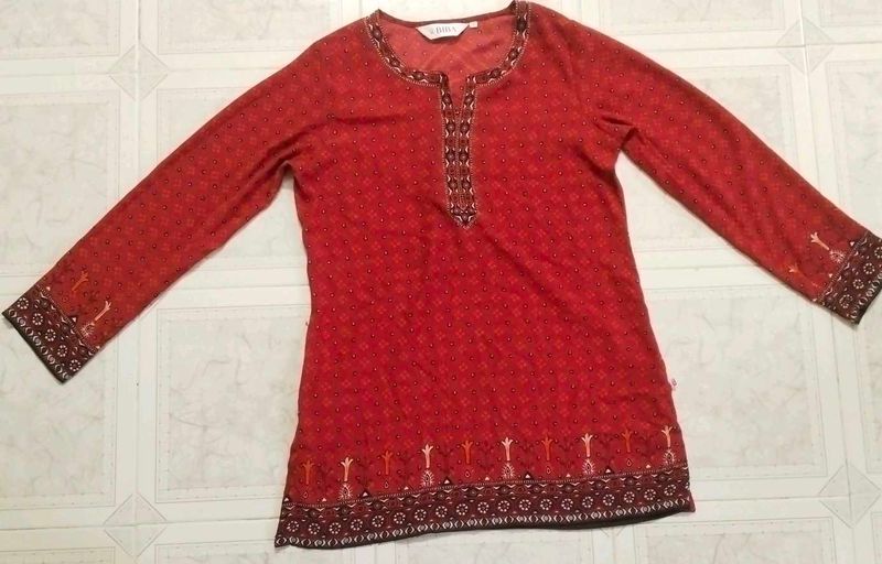 Red Printed Kurta with Embellishments
