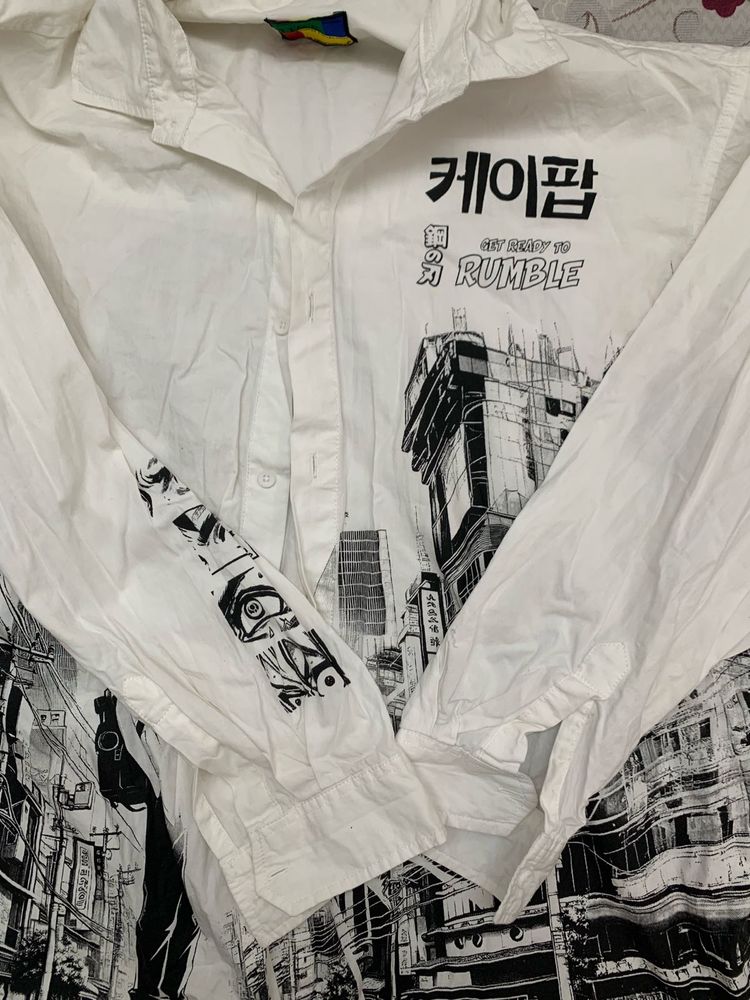 Anime Graphic Print Oversized Button-Up Shirt