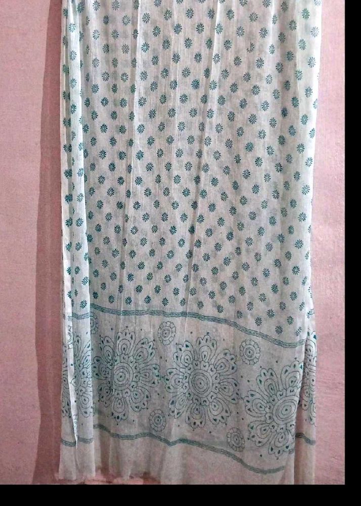 White Dupatta with Blue Floral Print
