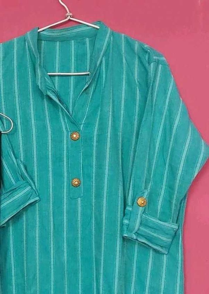 Teal Striped Kurta with Golden Buttons