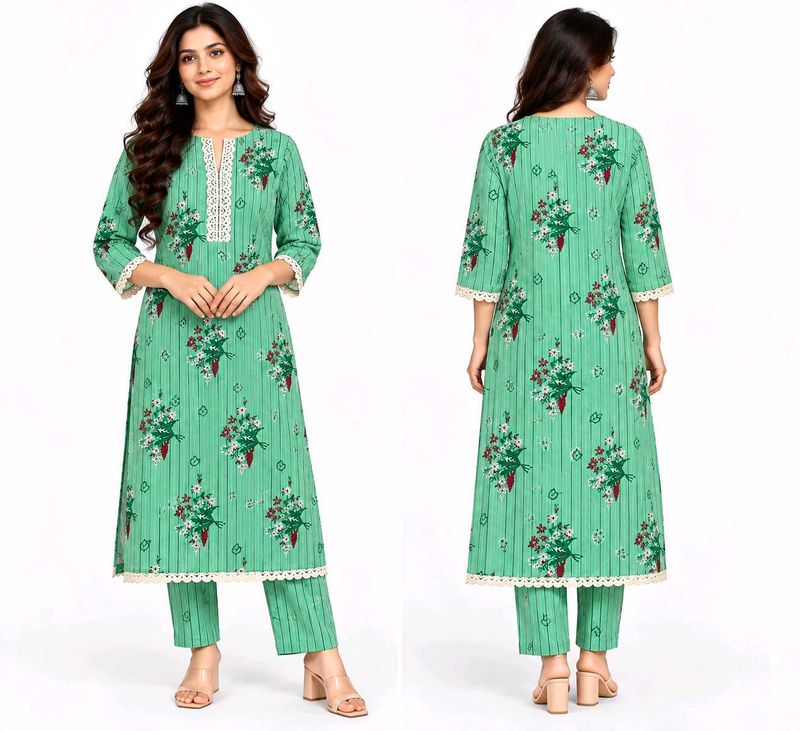 Green Floral Print Kurta Set with Lace Detail(unst