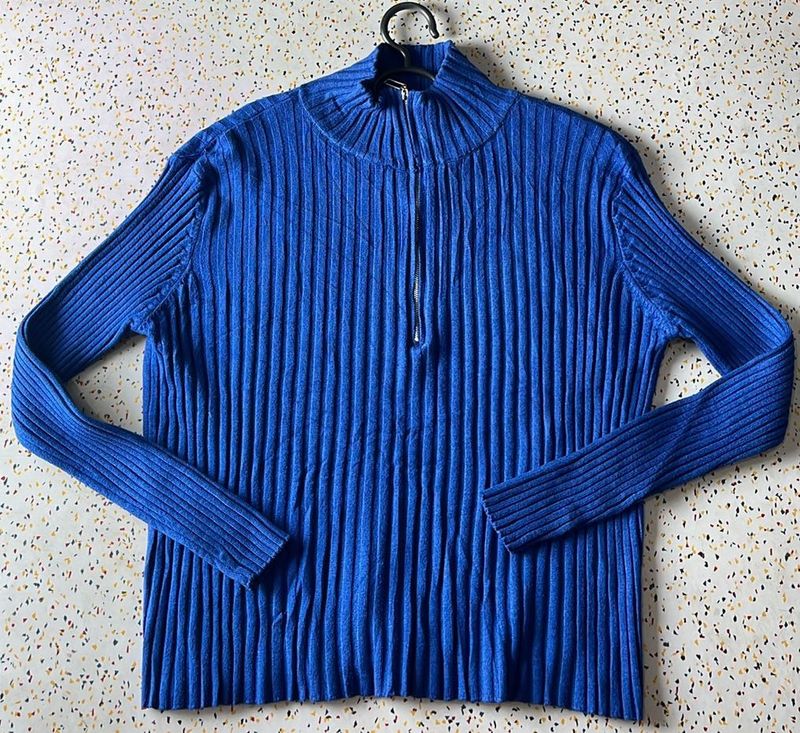 Blue Ribbed Zip Sweater