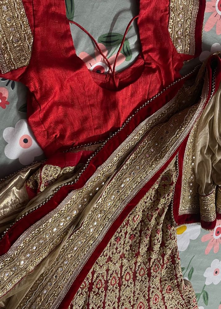Royal Gold Embroidered Lehenga Saree in Red