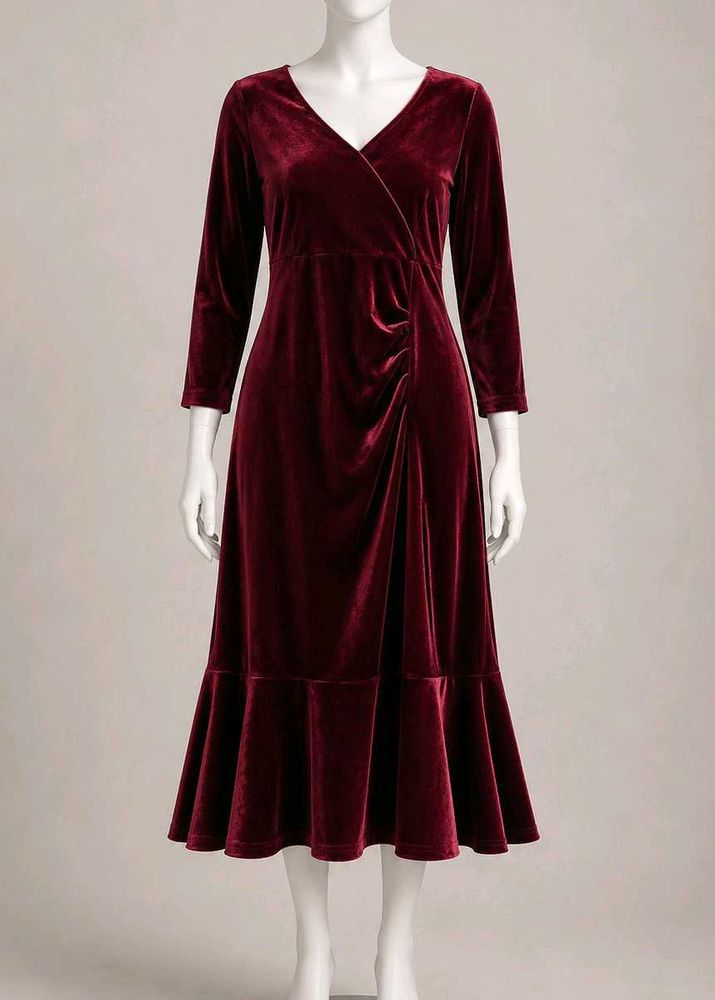 Elegant Maroon Velvet Midi Dress