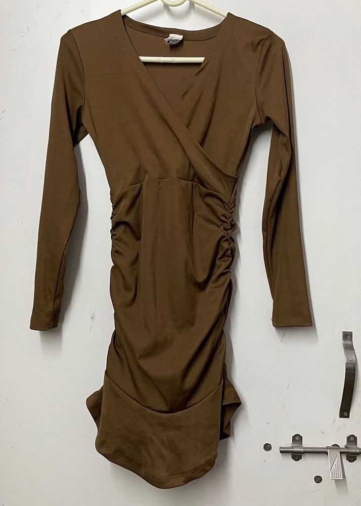 Brown Ruched Wrap Dress