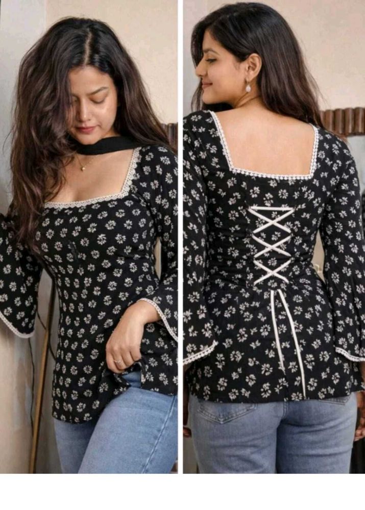 Stylish Black Floral Print Kurta