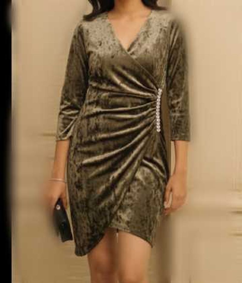 Olive Green Velvet Mini Wraplook Alike Dress