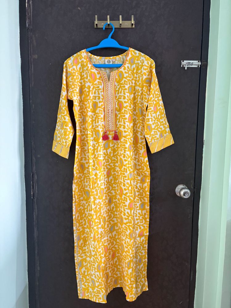 (With Tag)Yellow Block Print Kurta &amp; Pant