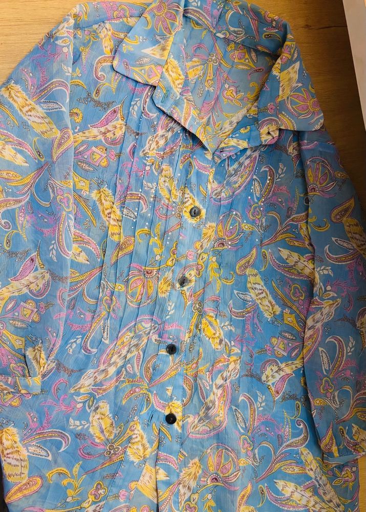 Blue Paisley Print Sheer Blouse