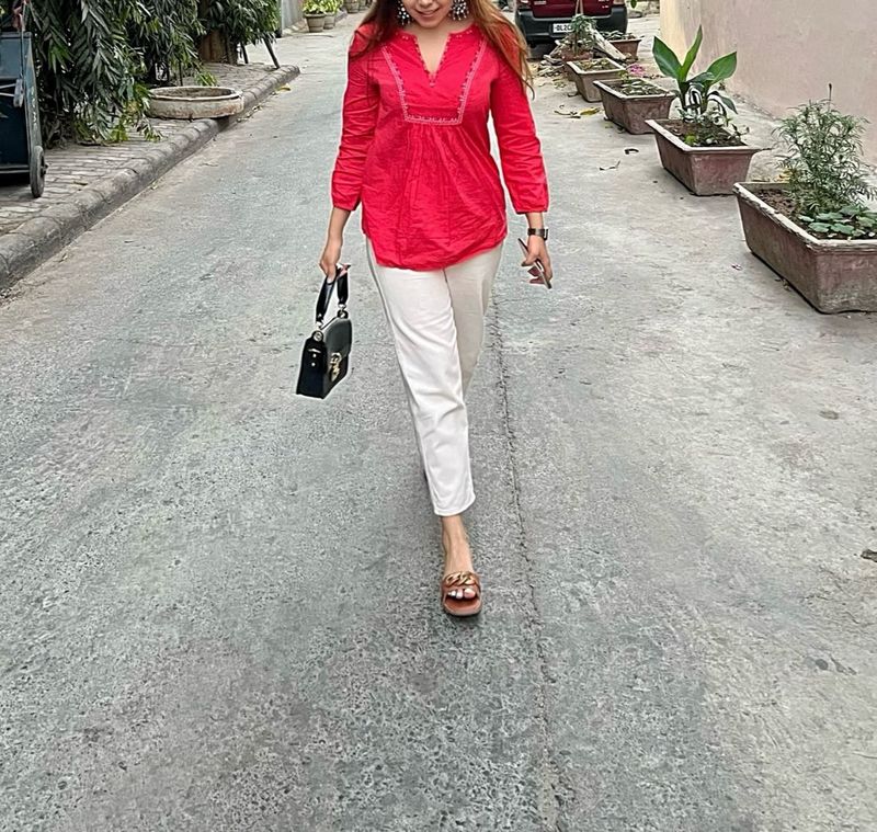 Vibrant Red Embroidered Kurta Top