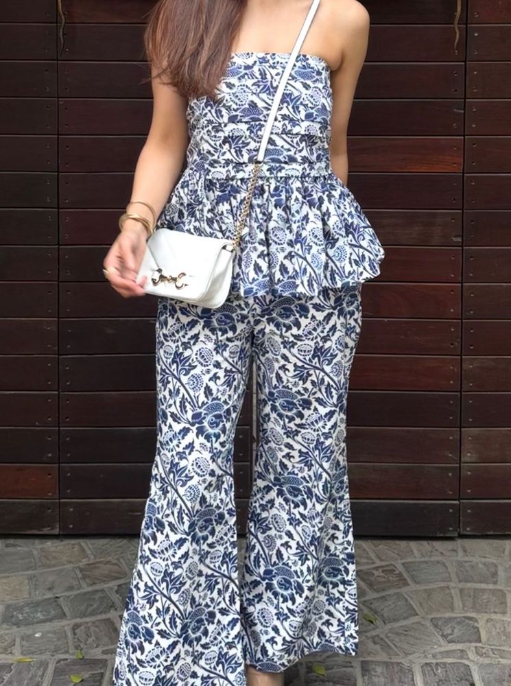 Chic Blue Floral Peplum Top &amp; Palazzo Set