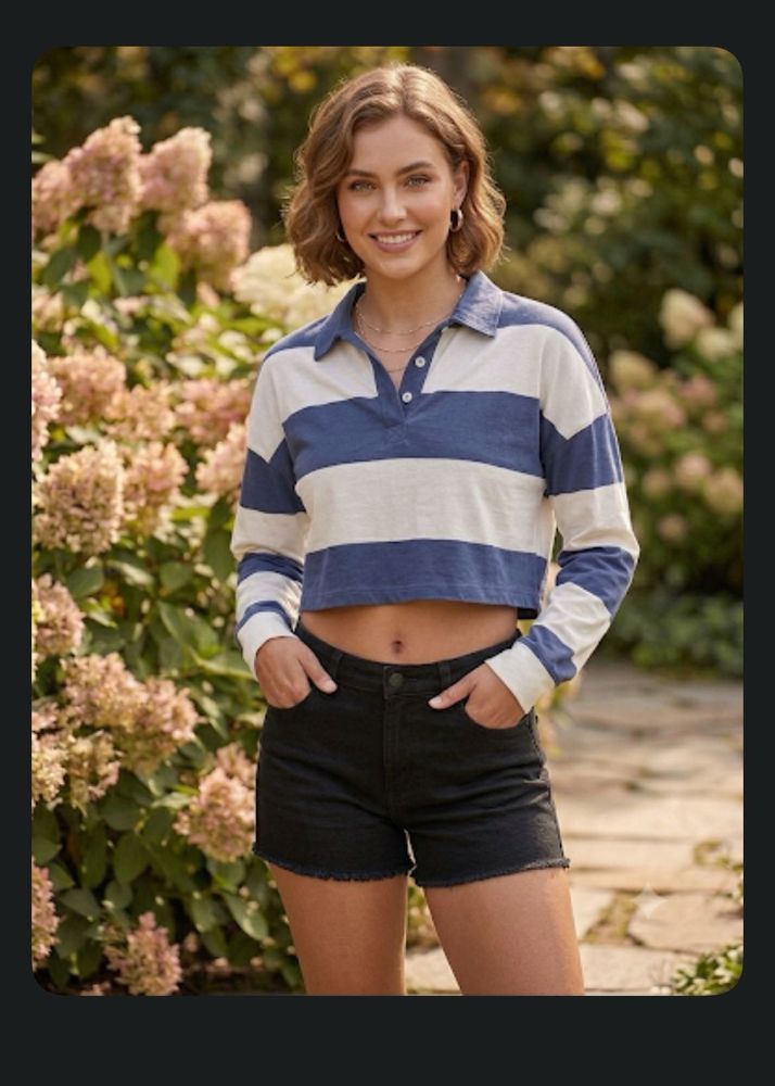Cropped Rugby Polo Long Sleeve Top