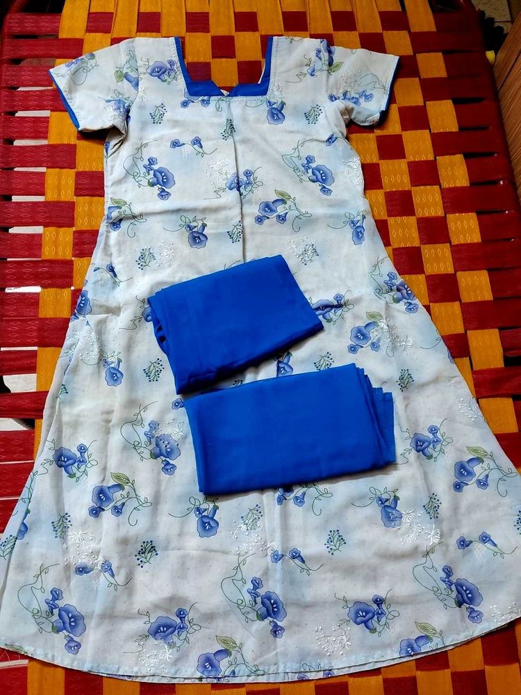 Blue Floral Print Kurti with Dupatta Set