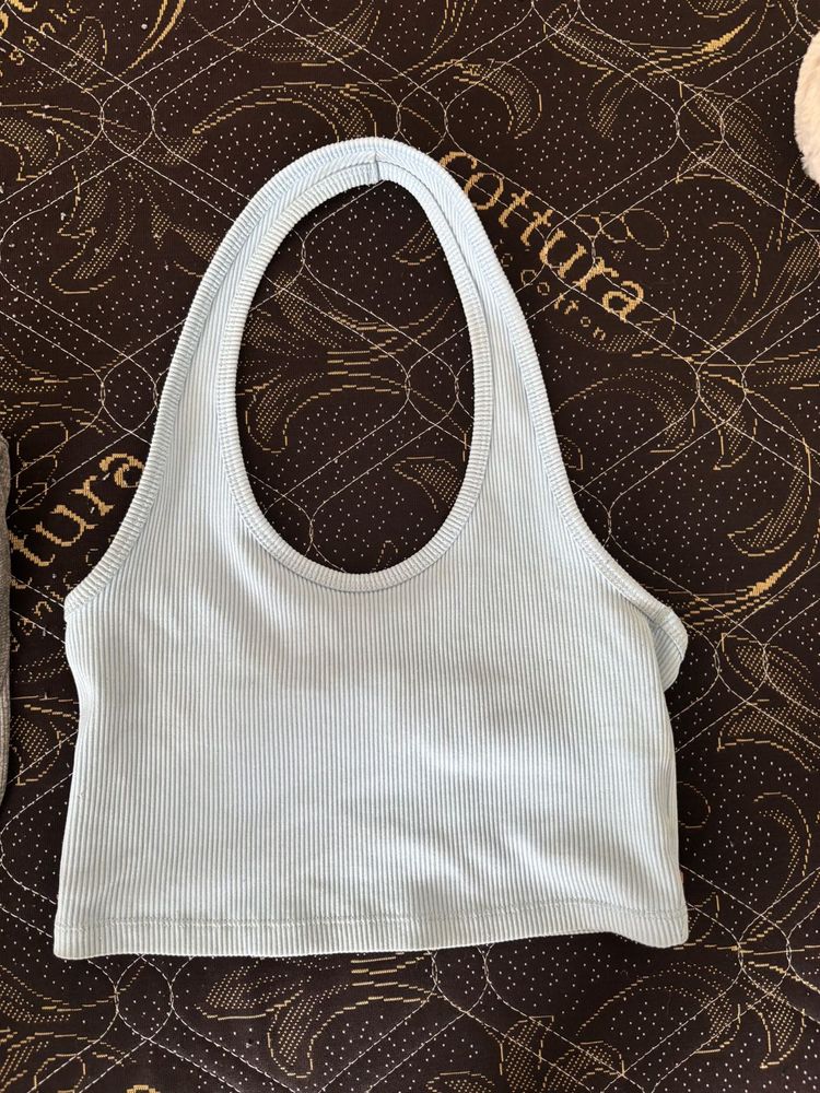 Baby Blue Ribbed Halter Neck Crop Top
