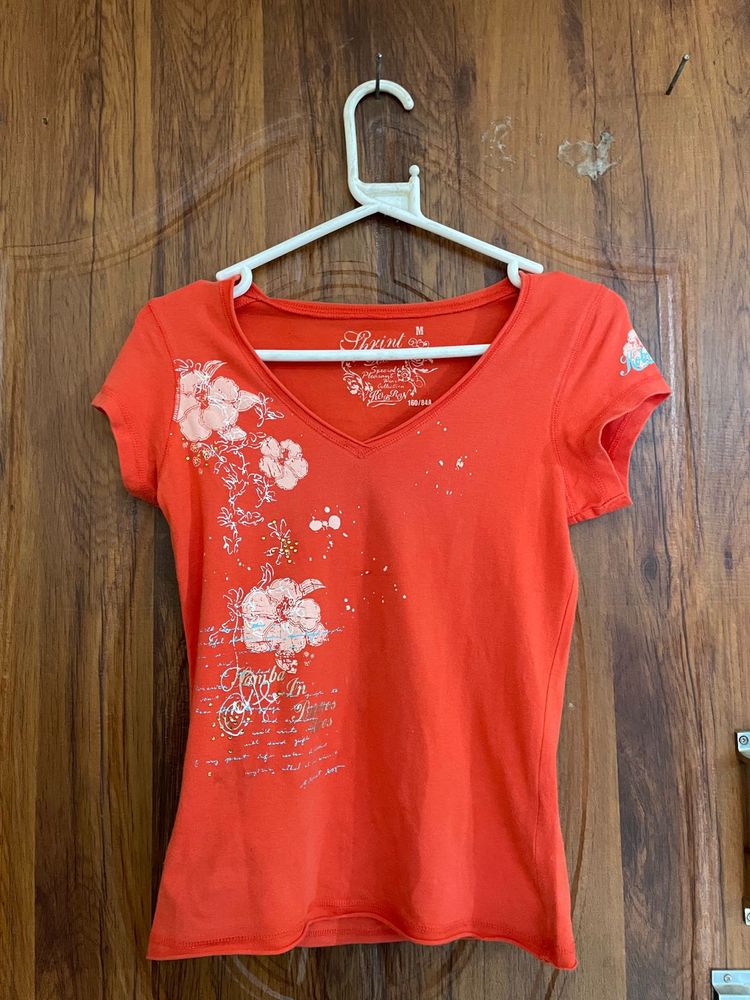 Orange V-Neck Floral Print T-Shirt