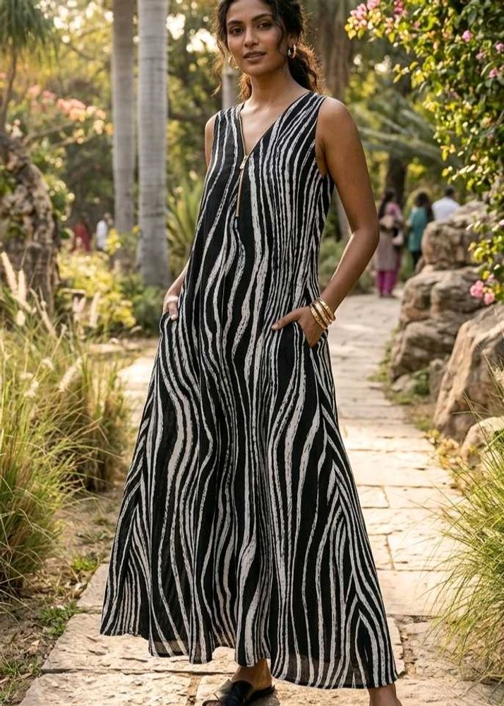Stylish Black &amp; White Striped Maxi Dress