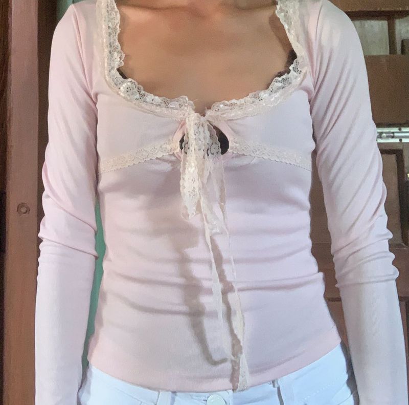 Pink Lace Trim Long Sleeve Top