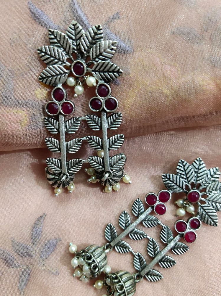 Silver Replica Earrings With Ruby Red Stones