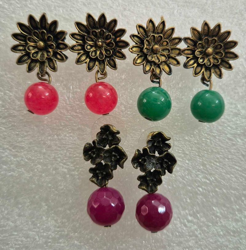 Boho Floral Dangle Earrings with Gemstones-Unused