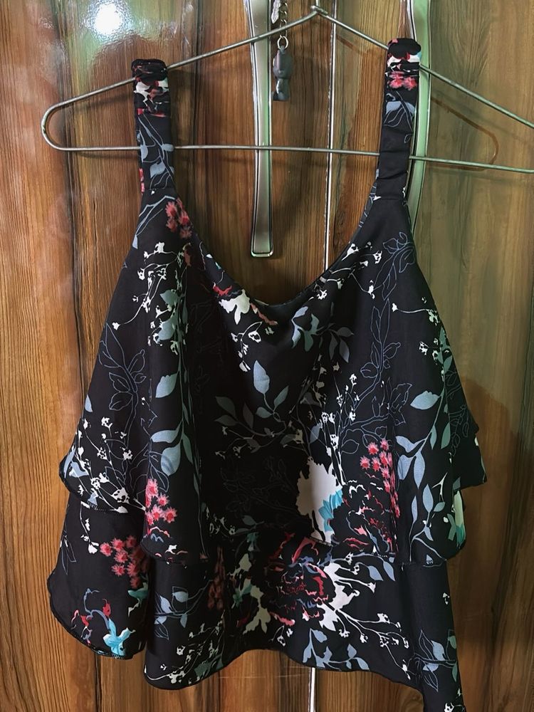 Floral Print Ruffle Cold Shoulder Top