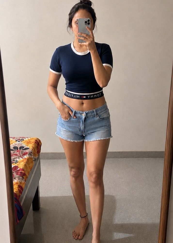 Women Navy Blue Crop Top | Size M