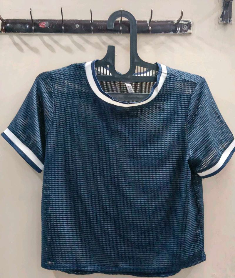Blue Mesh Crop Top