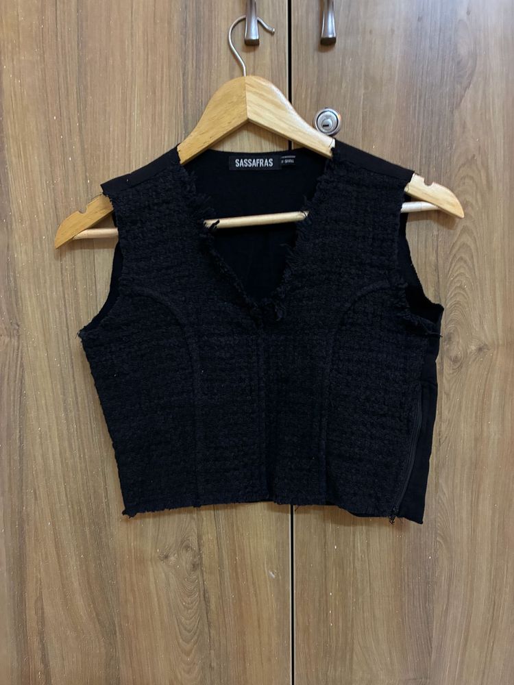 Black Textured Vest V-Neck Crop Top