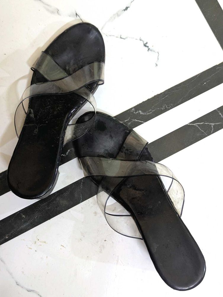 Black &amp; Clear Slip-On Sandals