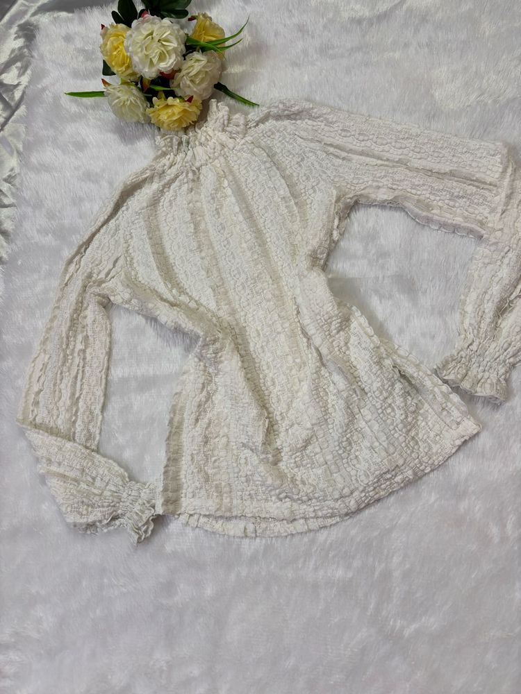 White Textured Mock Neck Long Sleeve Top