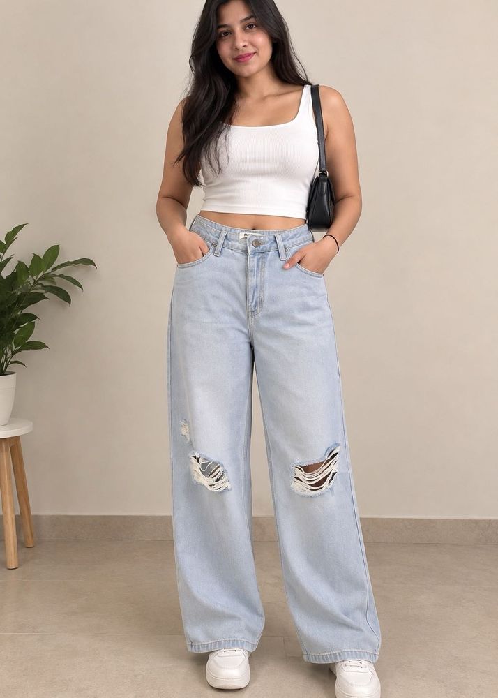 freakins Light Wash Ripped Wide Leg Jeans