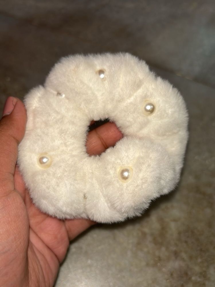 Pearl Embellished Fluffy Scrunchie