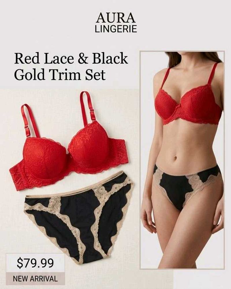 Red Lace Bra &amp; Black Panty Set 90cm