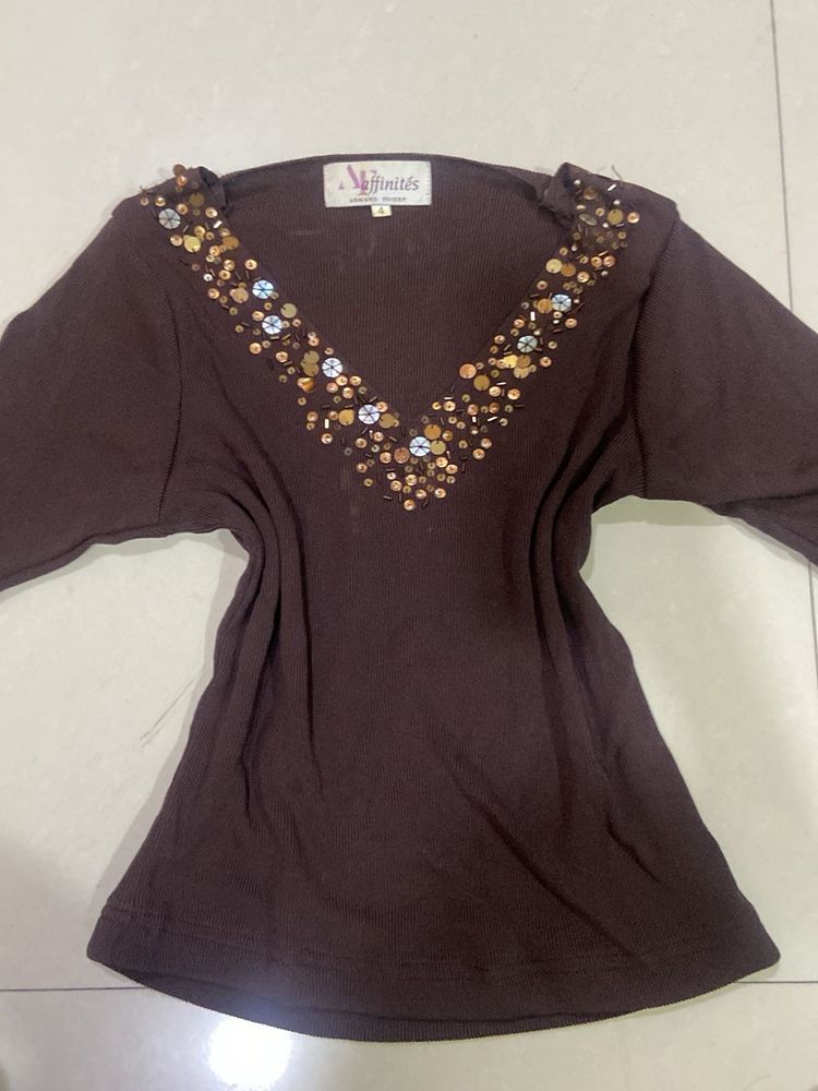 Y2k Embellished V-Neck Brown Top