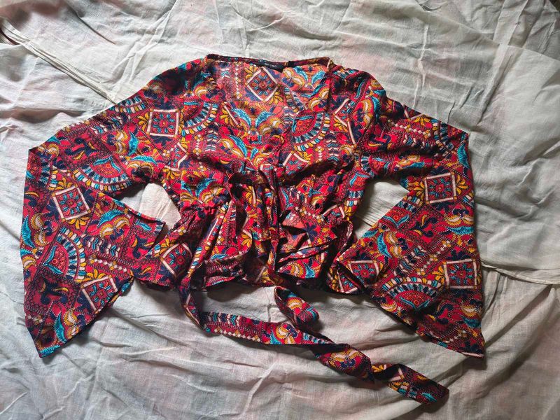Boho Print Tie-Front Bell Sleeve Top