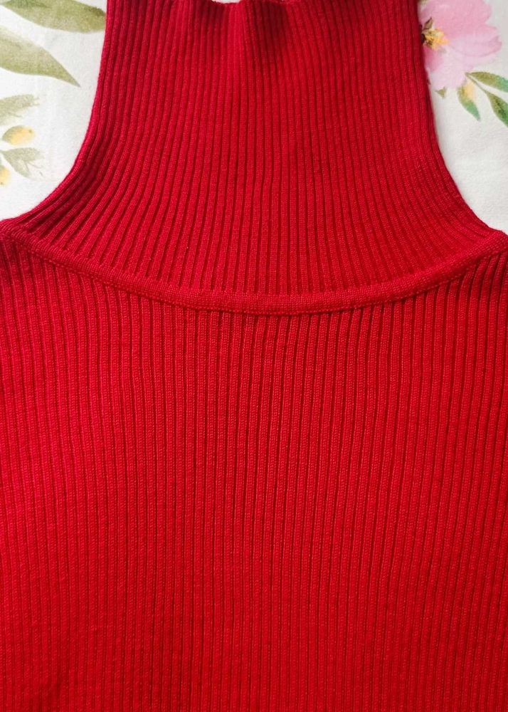 Vibrant Red Ribbed Turtleneck Sweater