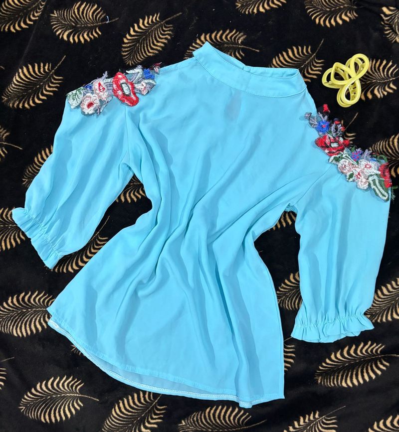 Blue Embellished Cold Shoulder Top