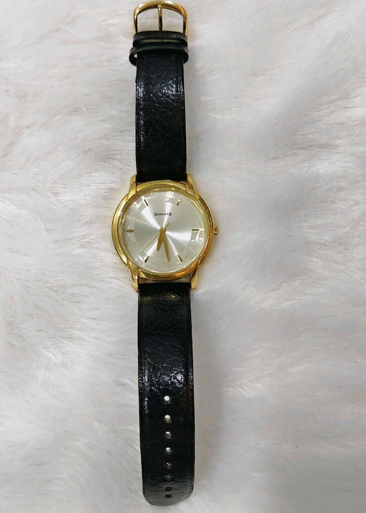Sonata Gold Dial Watch with Black Leather Strap