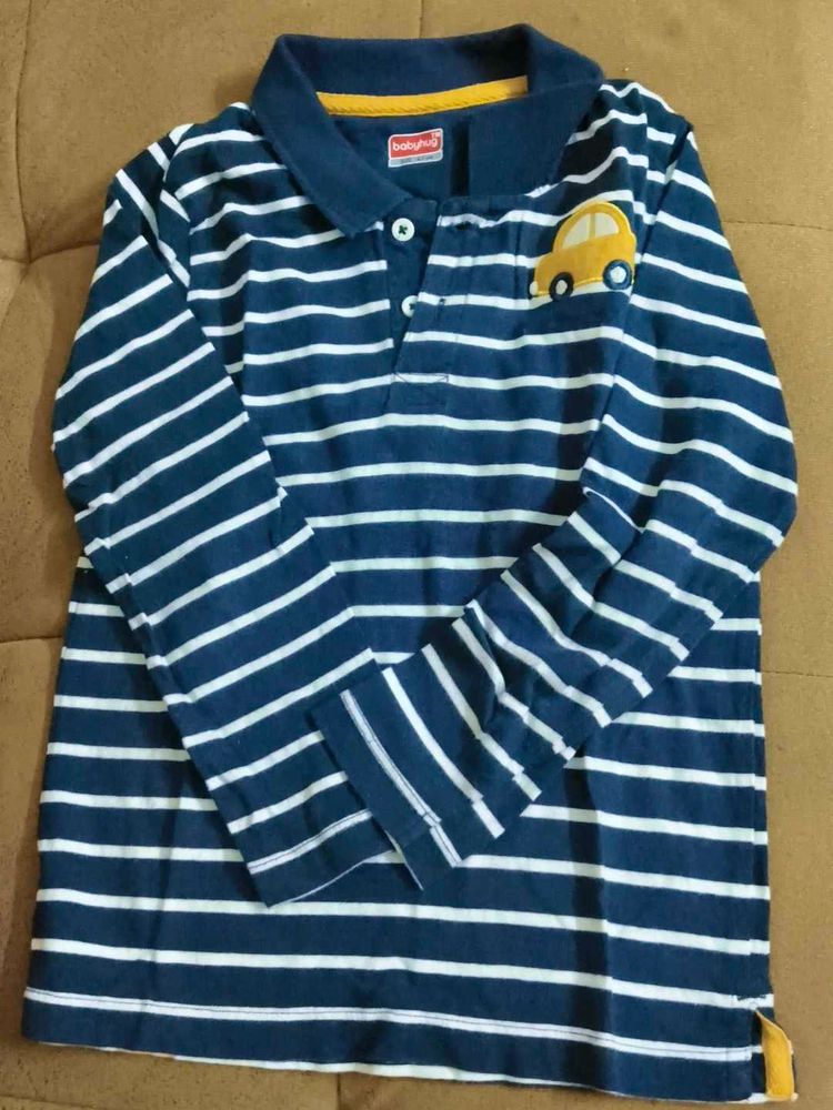 Striped Long Sleeve Polo Shirt with Car Applique