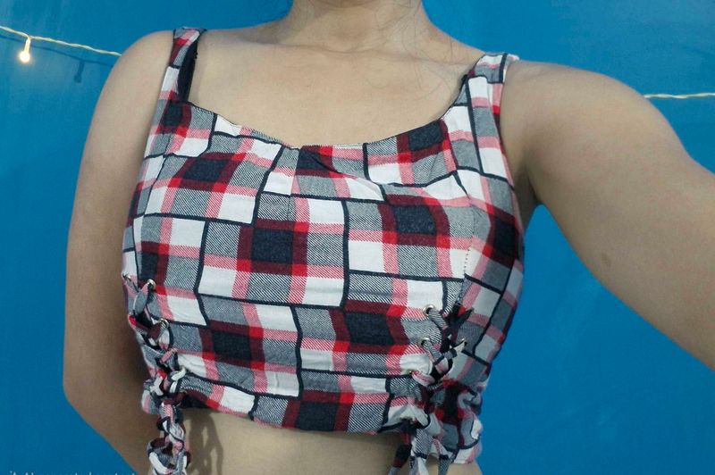 Red and black Plaid Lace-Up Crop Top